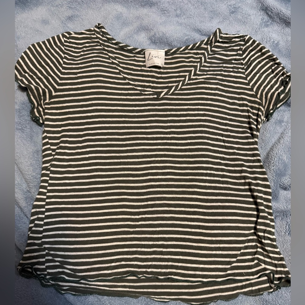 Livi Women's Short Sleeve Striped Tee - Forest Green and White